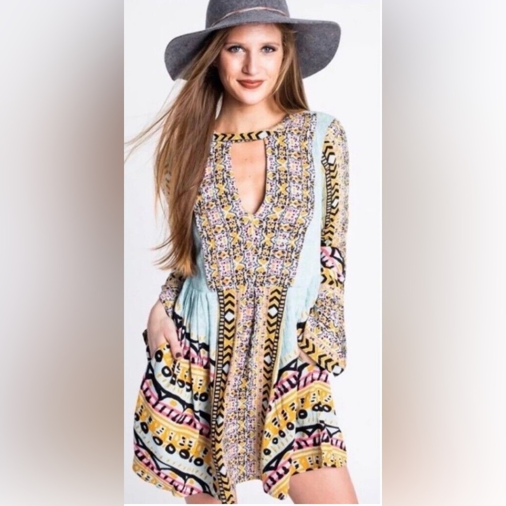 NWOT Free People Tegan Border Printed Mini Dress 4 - Picture 1 of 13